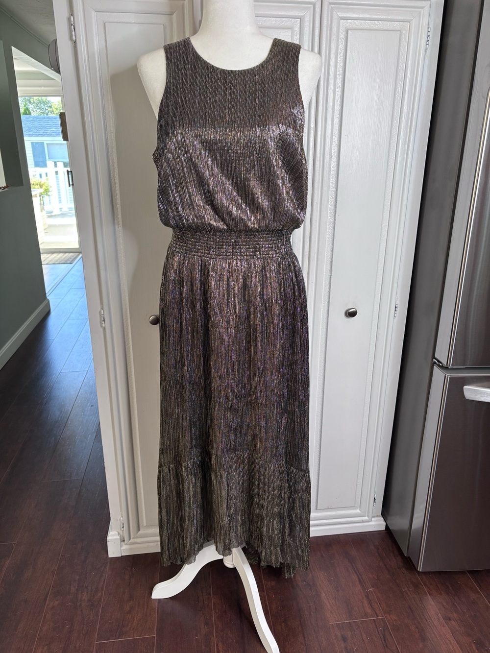 Banana Republic Metallic Pleated High Low Maxi Dress NWT 14